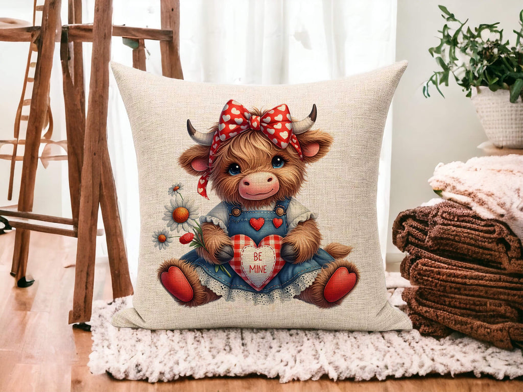 Personalized Highland Cow pillow with a cute cow wearing a polka dot bow, holding a plaid heart that says 'Be Mine.' Custom farmhouse Valentine’s decor, perfect gift for her, him, or couples. 18x18 white canvas or natural beige with hidden zipper. Machine washable