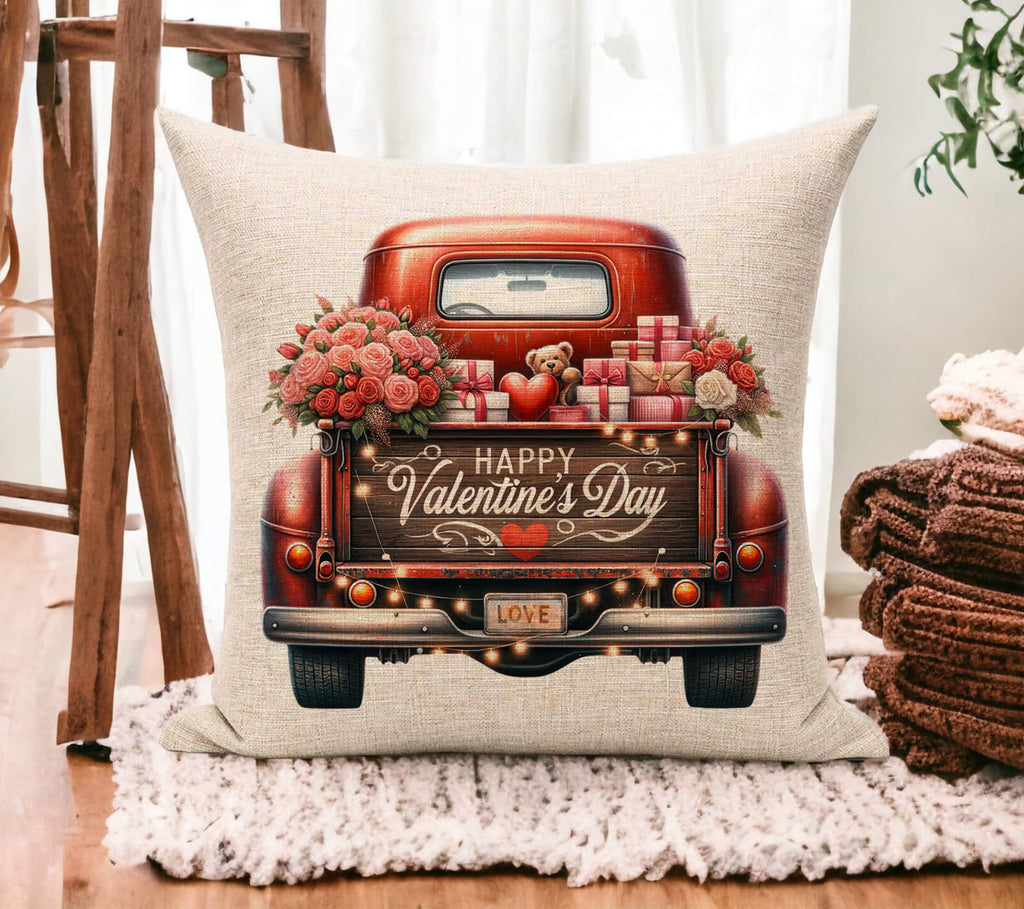 Rustic Valentine's Day pillow featuring a vintage red truck filled with roses, gifts, and twinkling lights. Romantic farmhouse throw pillow, perfect for home decor, couples, and Valentine’s gifts. 18x18 white canvas or natural beige with hidden zipper - Personalized Kreatin