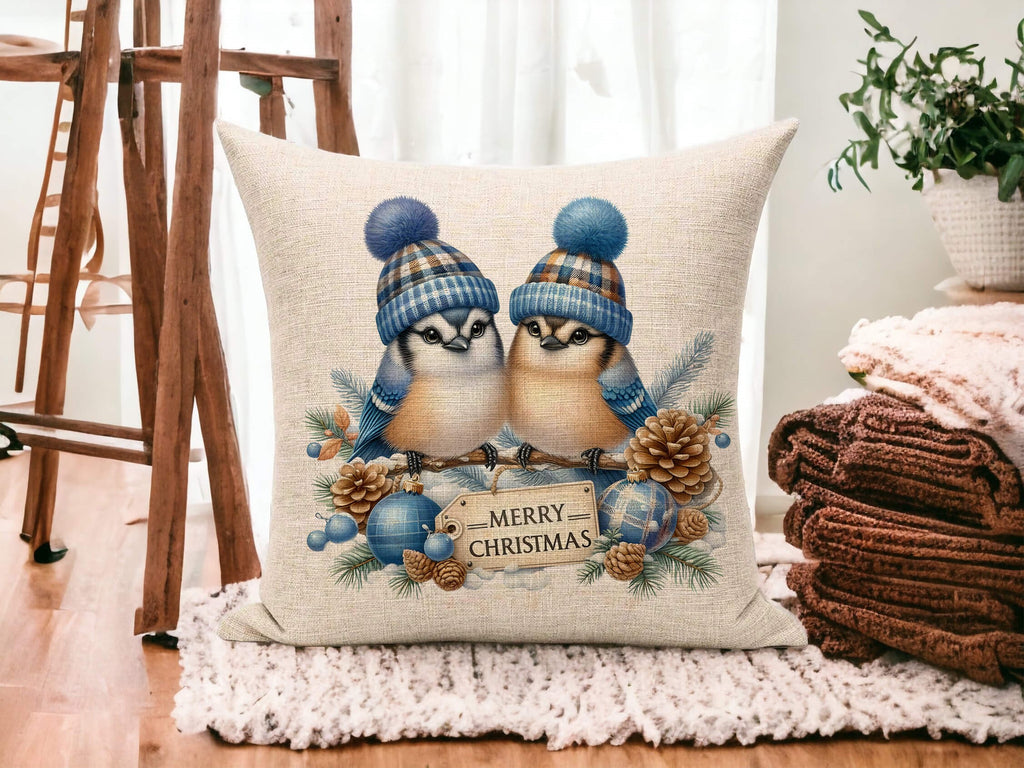 Christmas Pillow Cover with Birds and Winter Accents | Holiday Blue Jay Pillow Cover