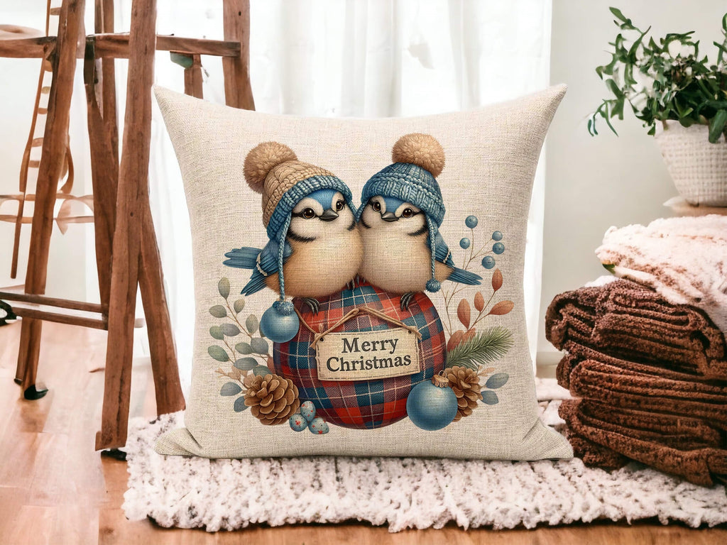 Christmas Pillow Cover with Birds and Winter Accents | Holiday Blue Jay Pillow Cover