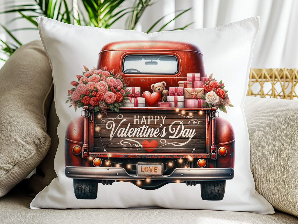 Rustic Valentine's Day pillow featuring a vintage red truck filled with roses, gifts, and twinkling lights. Romantic farmhouse throw pillow, perfect for home decor, couples, and Valentine’s gifts. 18x18 white canvas or natural beige with hidden zipper