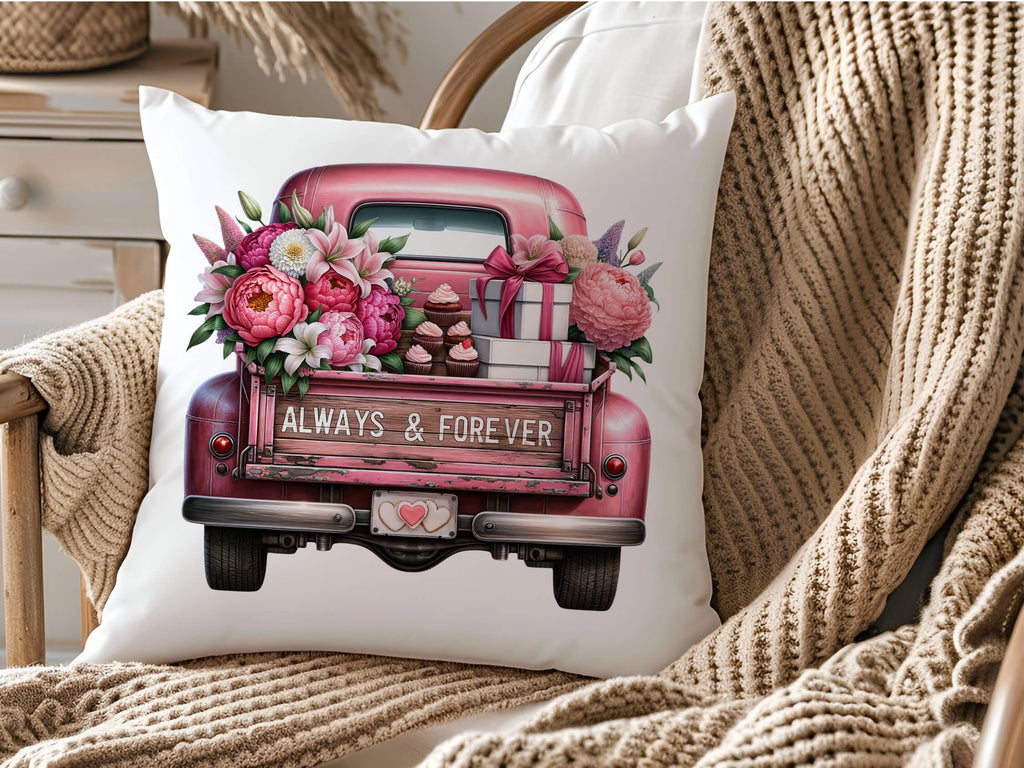 Rustic pink truck Valentine’s Day pillow featuring ‘Always & Forever’ text with flowers, cupcakes, and gifts. Romantic farmhouse throw pillow, perfect for weddings, anniversaries, or Valentine’s decor. 18x18 white canvas or beige natural linen with hidden zipper - Personalized Kreation