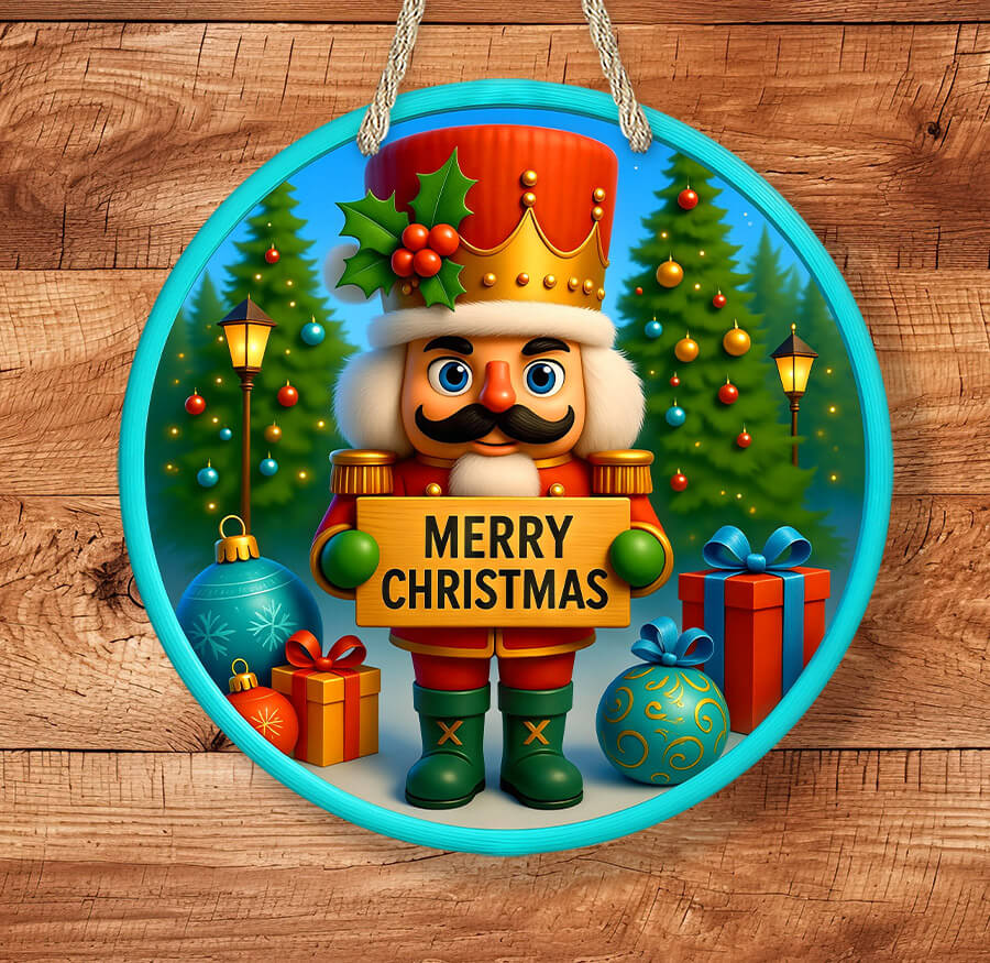 Decorative Christmas sign with a nutcracker holding a 'Merry Christmas' sign, surrounded by festive elements on a wooden background.