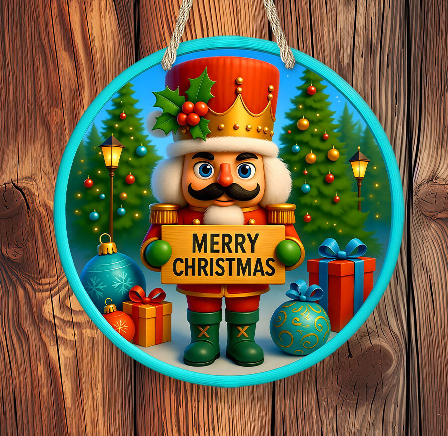 Decorative Christmas ornament with a nutcracker holding a 'Merry Christmas' sign, surrounded by festive elements on a wooden background.