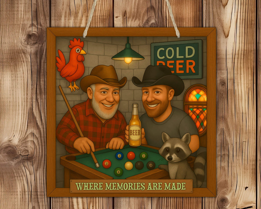 Decorative sign with two men playing pool, a rooster, and a raccoon on a wooden background.