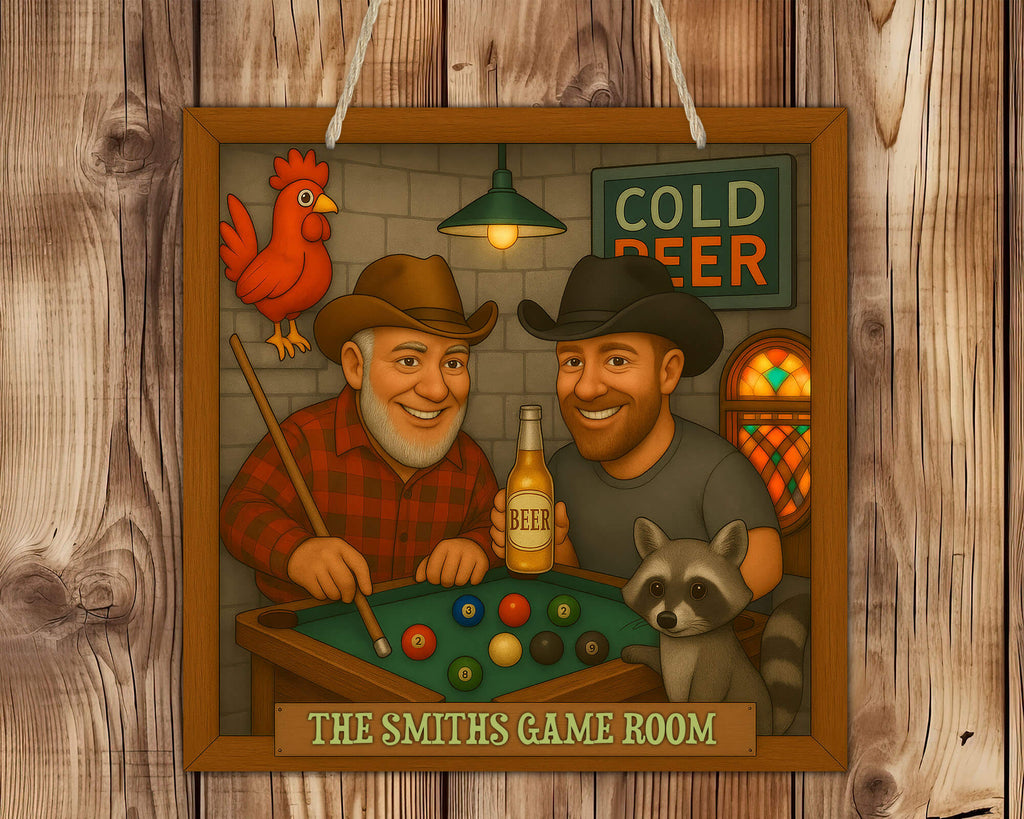 Decorative sign with two men playing pool, a rooster, and a raccoon on a wooden background.