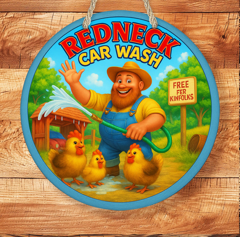 Circular sign with cartoon character and text 'Redneck Car Wash Free for Kinfolks' on a wooden background