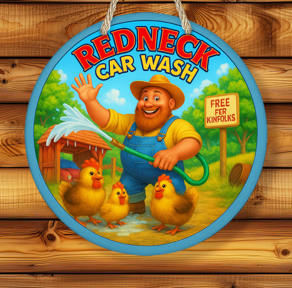 Cartoon sign for 'Redneck Car Wash' with a man and chickens on a wooden background