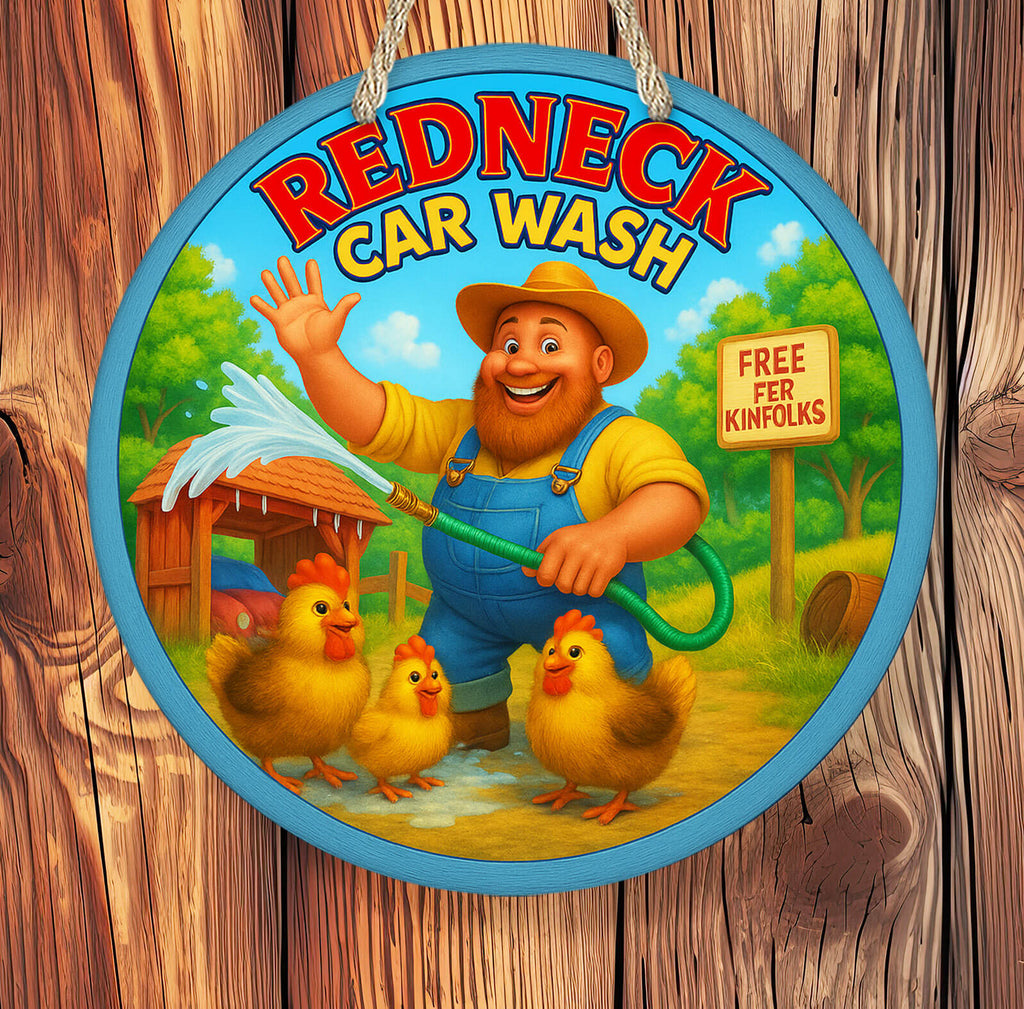 Circular sign with cartoon character holding a hose and text 'Redneck Car Wash Free for Kinfolks' on a wooden background.