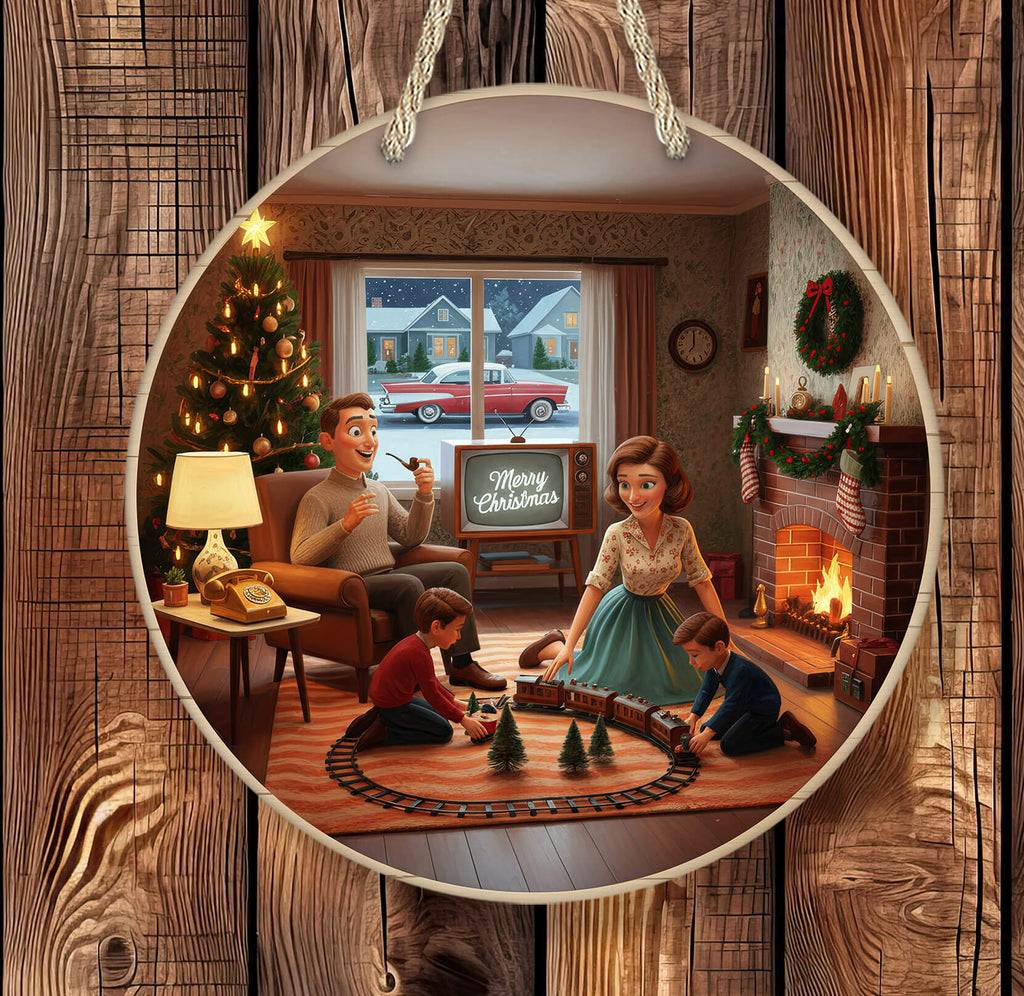 Familiy playing with a Christmas train set in a cozy living room.