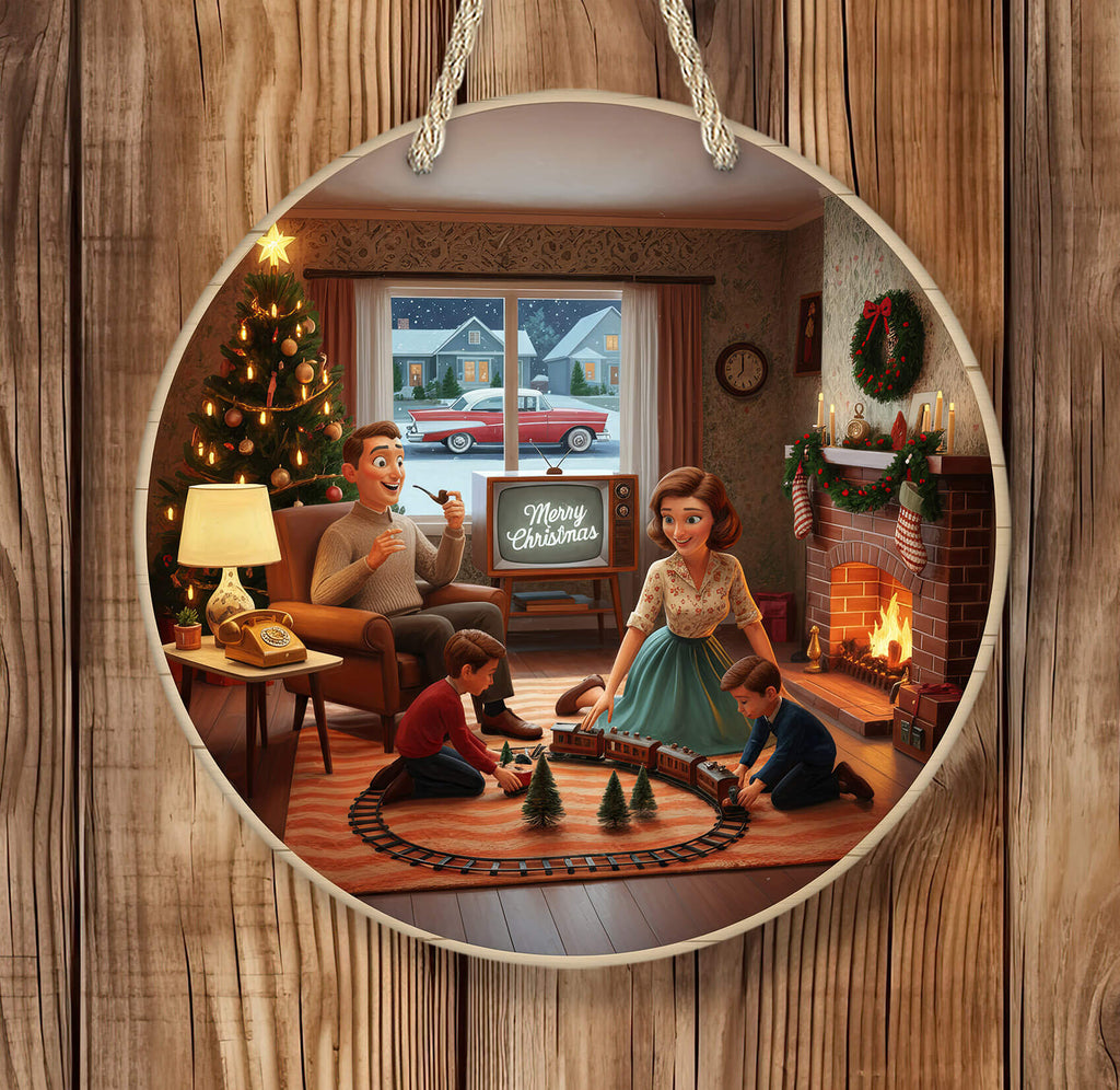 Familiy playing with a Christmas train set in a cozy living room.