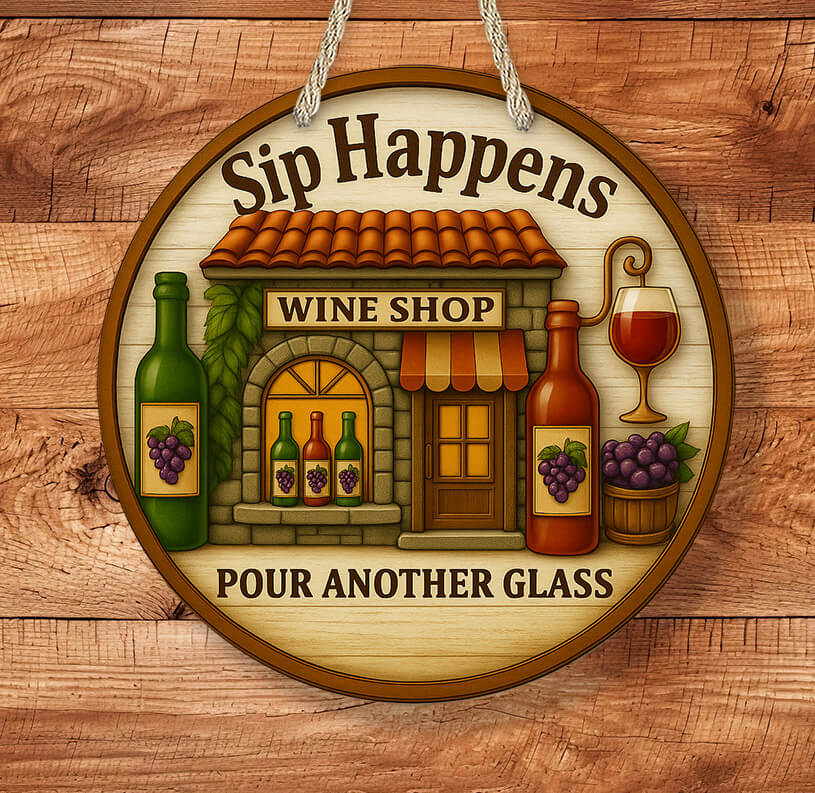 Decorative sign with a wine shop illustration and text 'Sip Happens' on a wooden background.