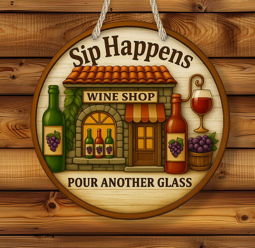 Decorative sign for a wine shop with bottles, grapes, and a glass of wine on a wooden background.