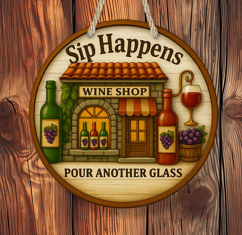Decorative sign with a wine shop illustration and text 'Sip Happens' and 'Pour Another Glass' on a wooden background.