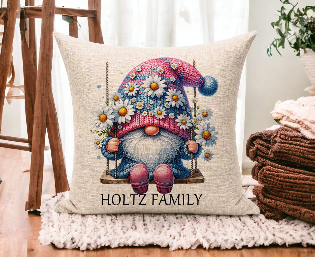 spring gnome pillow, personalized gnome throw pillow, custom name pillow cover, farmhouse spring decor, daisy floral gnome cushion, Easter gnome home decor, 18x18 white canvas pillow, beige linen pillow cover, hidden zipper pillow, seasonal gnome gift