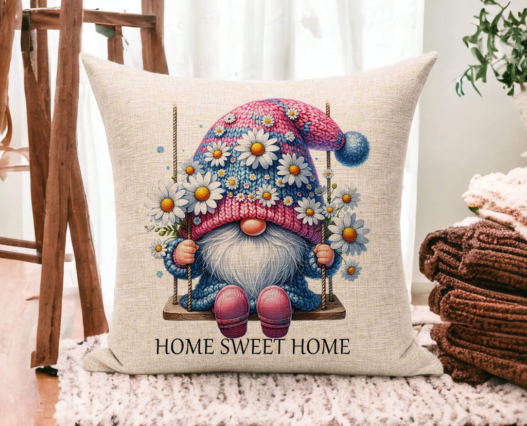 spring gnome pillow, personalized gnome throw pillow, custom name pillow cover, farmhouse spring decor, daisy floral gnome cushion, Easter gnome home decor, 18x18 white canvas pillow, beige linen pillow cover, hidden zipper pillow, seasonal gnome gift