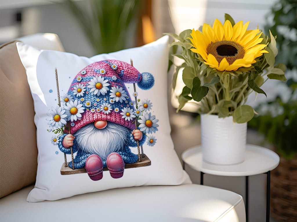 spring gnome pillow, personalized gnome throw pillow, custom name pillow cover, farmhouse spring decor, daisy floral gnome cushion, Easter gnome home decor, 18x18 white canvas pillow, beige linen pillow cover, hidden zipper pillow, seasonal gnome gift - Personalized Kreation