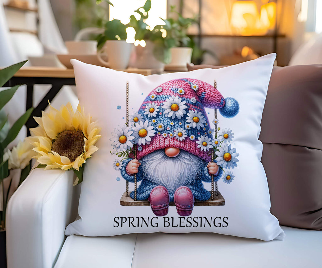 spring gnome pillow, personalized gnome throw pillow, custom name pillow cover, farmhouse spring decor, daisy floral gnome cushion, Easter gnome home decor, 18x18 white canvas pillow, beige linen pillow cover, hidden zipper pillow, seasonal gnome gift - Personalized Kreation