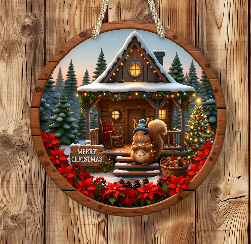 Decorative Christmas scene with a cabin, trees, and a squirrel on a wooden background
