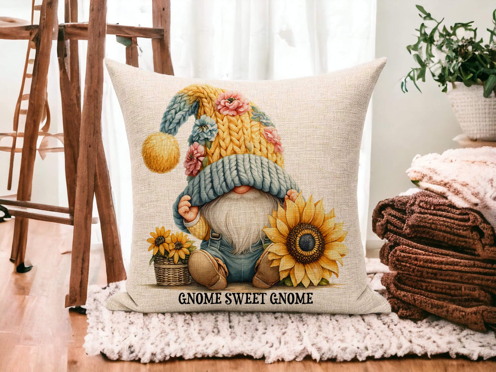 Decorative pillow with a gnome design on a wooden floor.