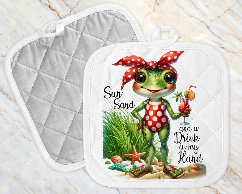 frog heat resistant potholder image frog in bathing suit drink in hand reads sun sand and a drink in my hand dyed into the fibers of the fabric will not fade crack or peel machine wash tumble dry | Personalized Kreation