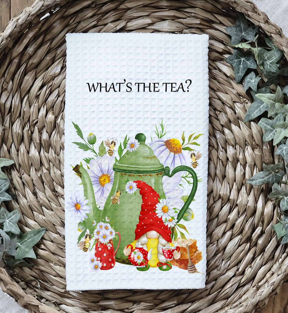 Personalized tea party kitchen towel featuring a cute gnome, floral teapot, wildflowers, and honey bees. Made from absorbent waffle weave fabric, perfect for farmhouse kitchens, tea lovers, and rustic tea-themed decor - Personalized Kreation