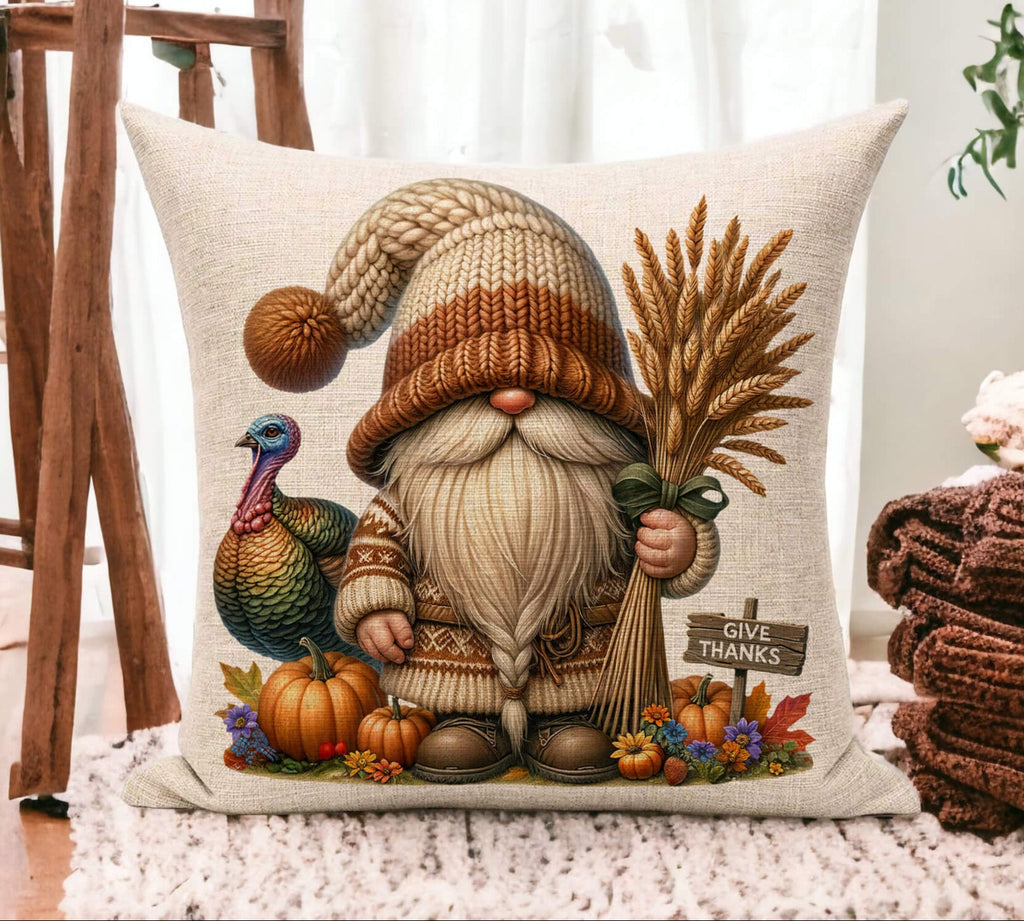 Decorative pillow with a gnome holding a broom and a turkey, placed on a wooden floor.