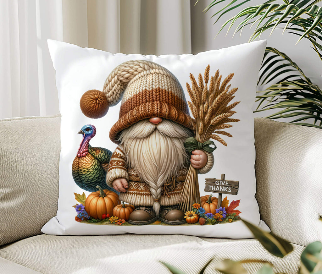 Decorative pillow with a gnome and autumn-themed design on a couch.