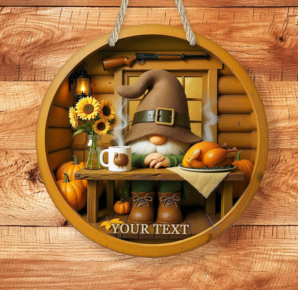 Decorative sign with a gnome, pumpkins, and sunflowers on a wooden background