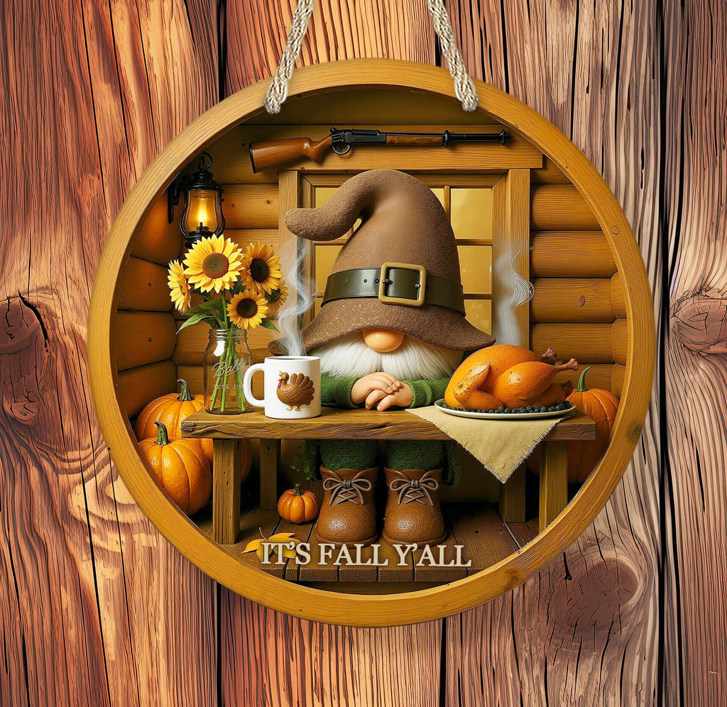 Decorative sign with a gnome, pumpkins, and fall-themed elements on a wooden background.