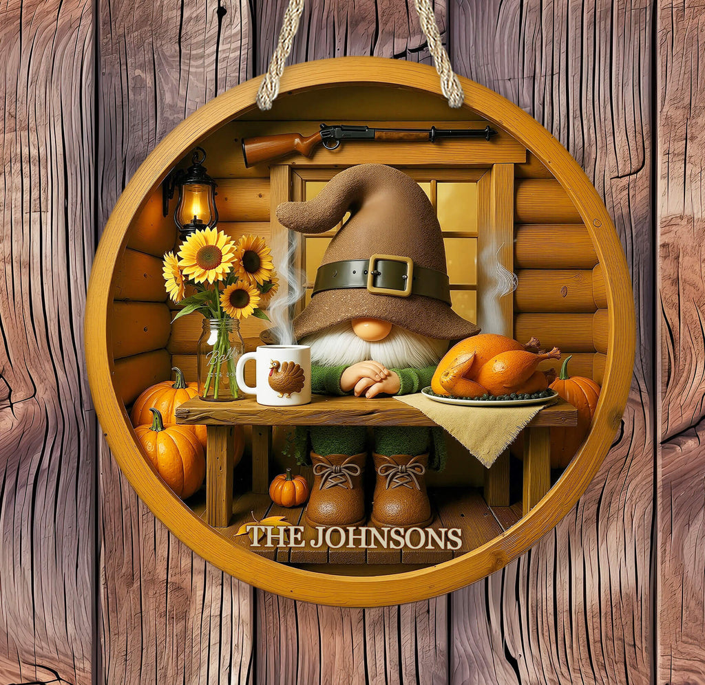 Decorative sign with a gnome, pumpkins, and 'The Johnsons' text on a wooden background