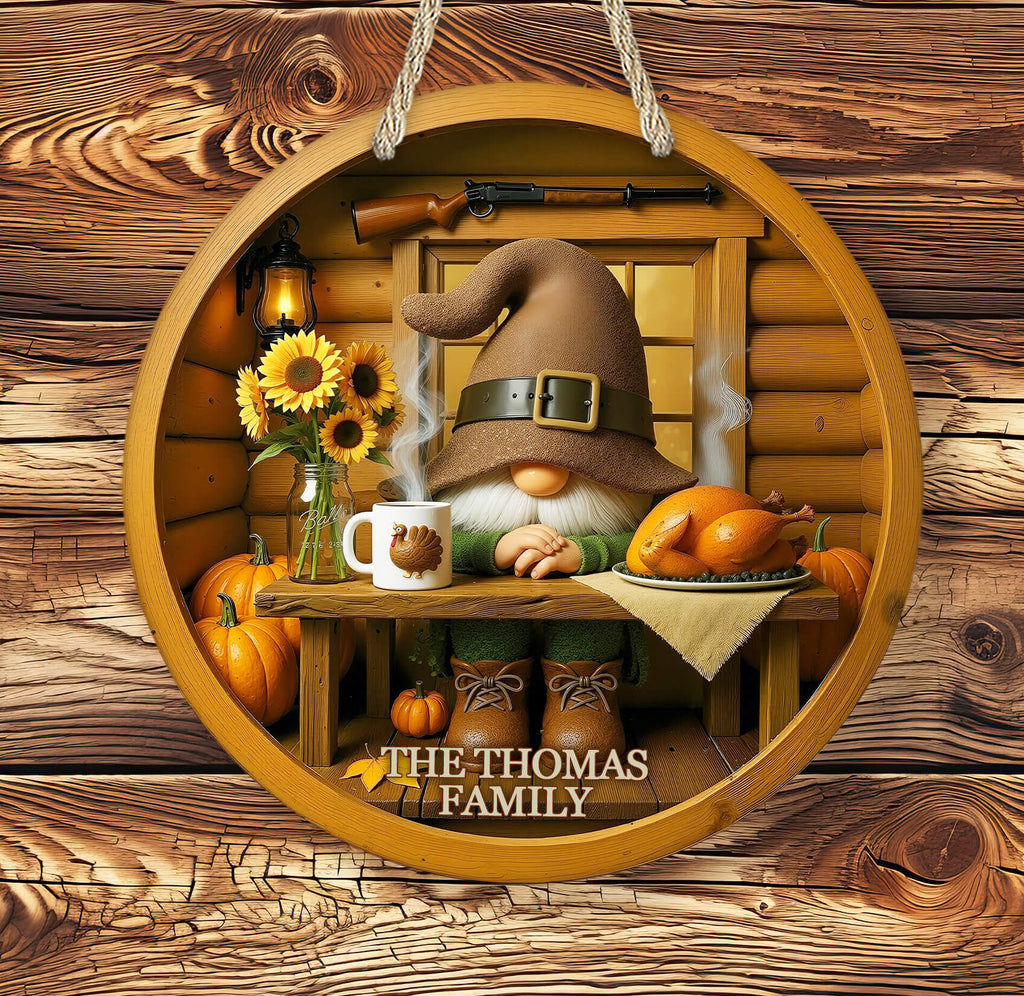 Decorative sign with a gnome, pumpkins, and sunflowers on a wooden background.