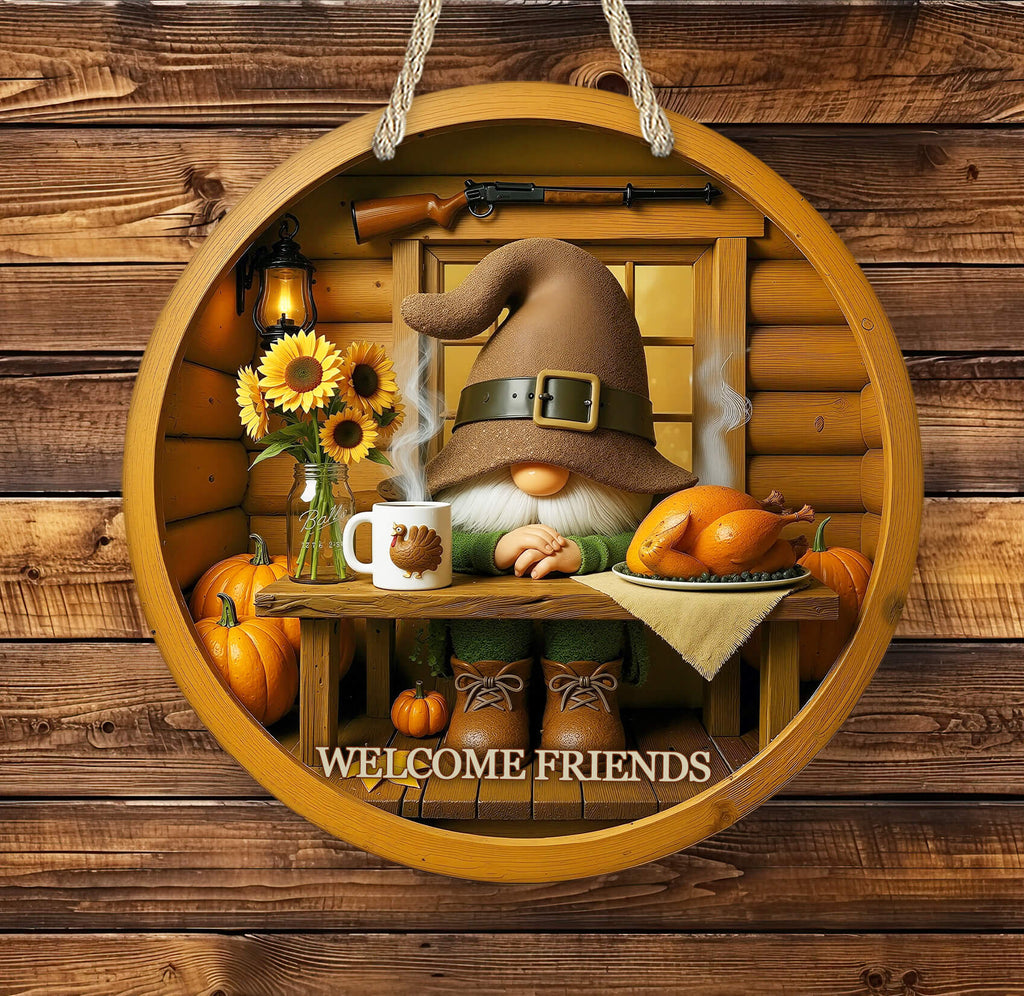 Decorative sign with a gnome, pumpkins, and 'Welcome Friends' text on a wooden background.