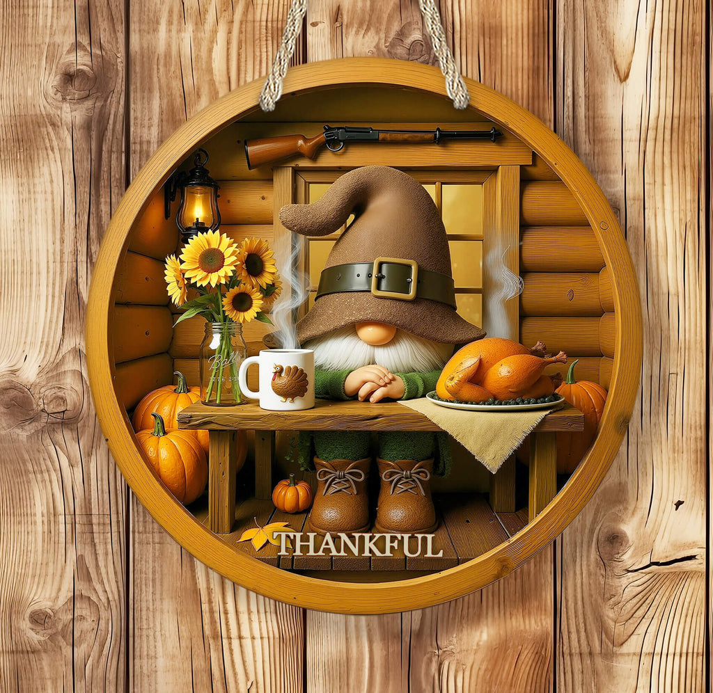 Decorative wall hanging with a gnome, pumpkins, and 'Thankful' text on a wooden background.