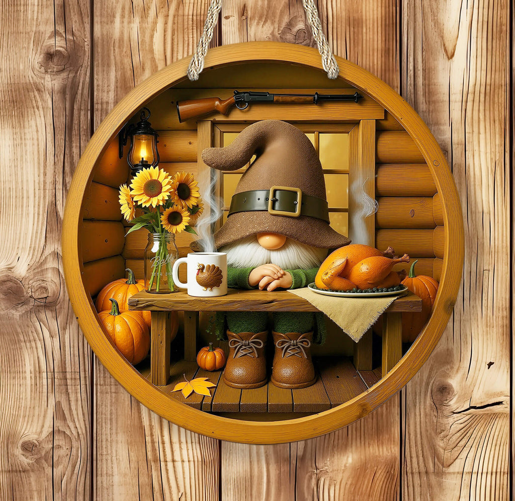 Decorative scene with a gnome, pumpkins, and a mug on a wooden background