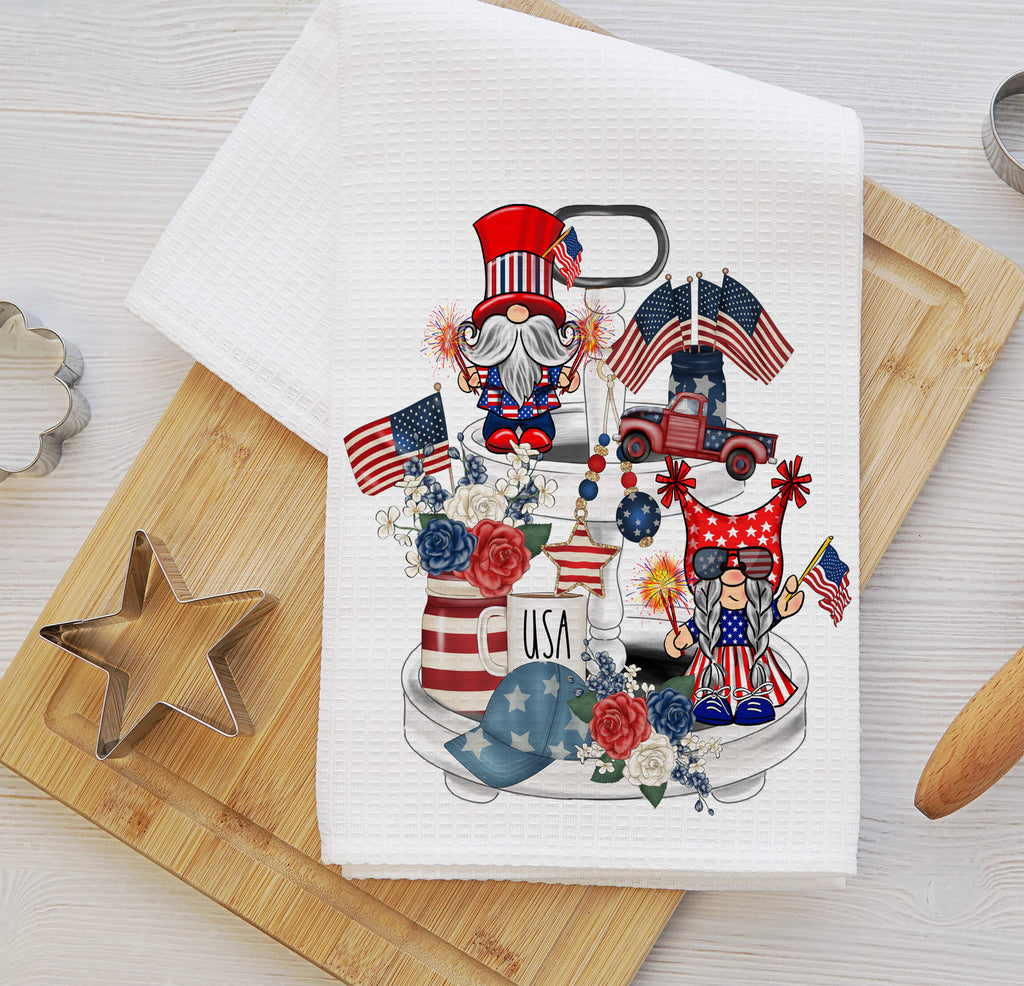 Patriotic 4th of July kitchen towel featuring gnome-themed USA tiered tray design, perfect for farmhouse decor, Independence Day celebrations, and Memorial Day BBQs - Personalized Kreation