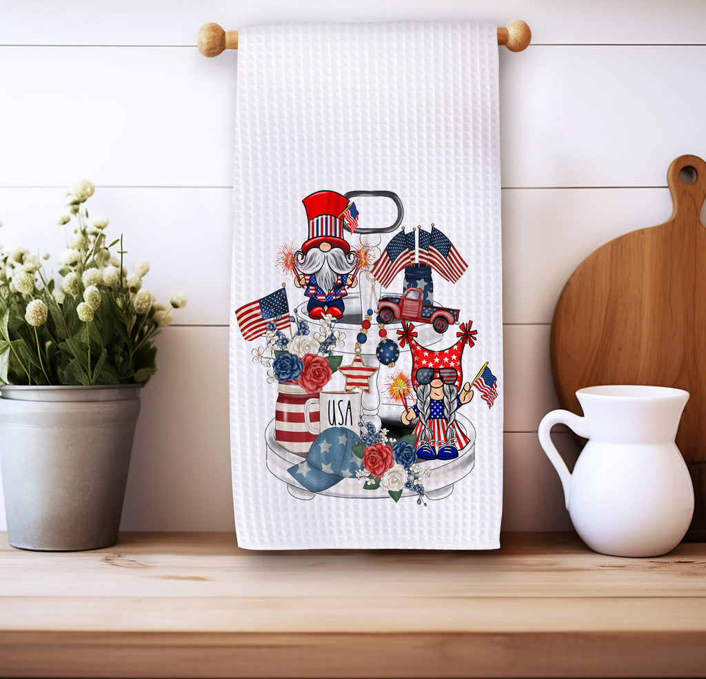 Patriotic 4th of July kitchen towel featuring gnome-themed USA tiered tray design, perfect for farmhouse decor, Independence Day celebrations, and Memorial Day BBQs - Personalized Kreation