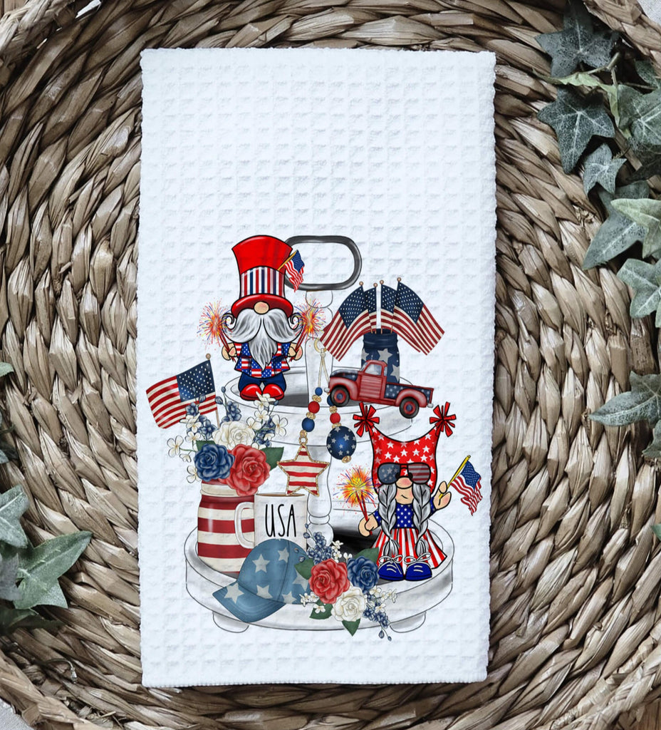 Patriotic 4th of July kitchen towel featuring gnome-themed USA tiered tray design, perfect for farmhouse decor, Independence Day celebrations, and Memorial Day BBQs - Personalized Kreation