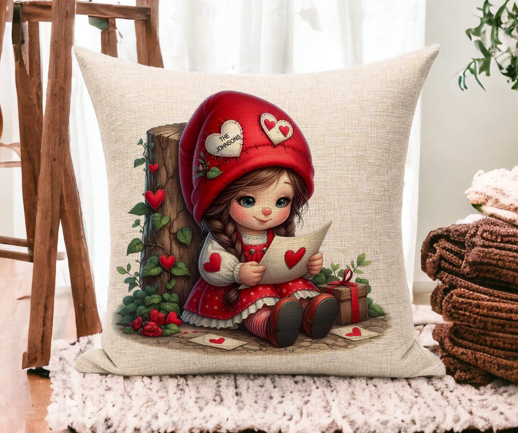 Personalized Valentine's Day pillow featuring a cute gnome girl holding a love letter. Custom name throw pillow, romantic gift for her, wife, or girlfriend. 18x18 white canvas or natural beige with hidden zipper. Machine washable, cozy home decor - Personalized Kreation