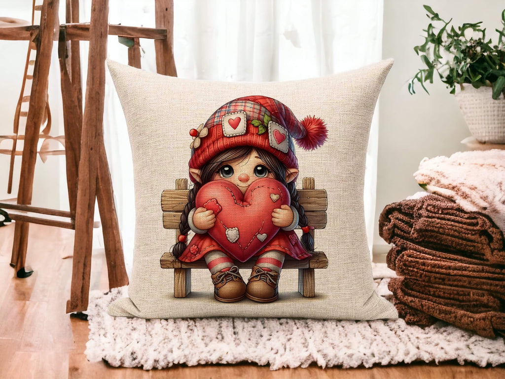 Personalized Valentine's Day pillow featuring a cute gnome girl holding a stitched heart. Custom name farmhouse throw pillow, romantic home decor, perfect gift for her or couples. 18x18 white canvas or natural beige linen with hidden zipper at bottom - Personalized Kreation