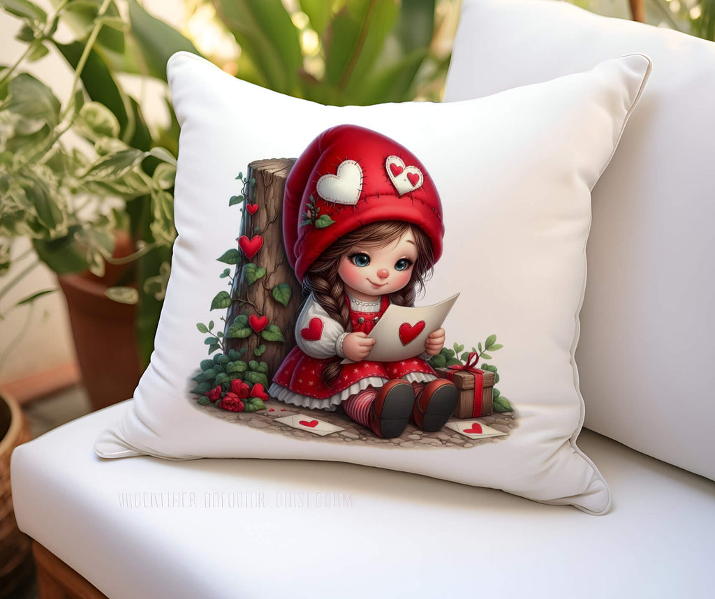 Personalized Valentine's Day pillow featuring a cute gnome girl holding a love letter. Custom name throw pillow, romantic gift for her, wife, or girlfriend. 18x18 white canvas or natural beige with hidden zipper. Machine washable, cozy home decor