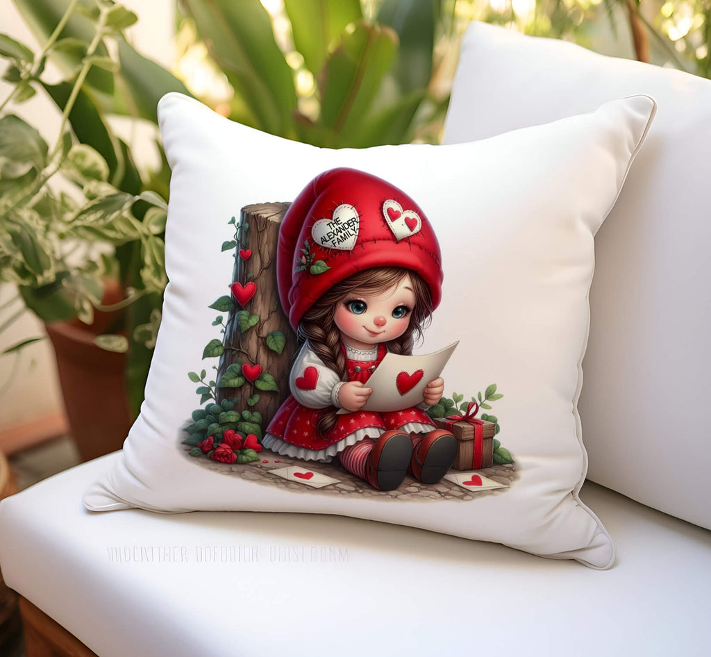 Personalized Valentine's Day pillow featuring a cute gnome girl holding a love letter. Custom name throw pillow, romantic gift for her, wife, or girlfriend. 18x18 white canvas or natural beige with hidden zipper. Machine washable, cozy home decor