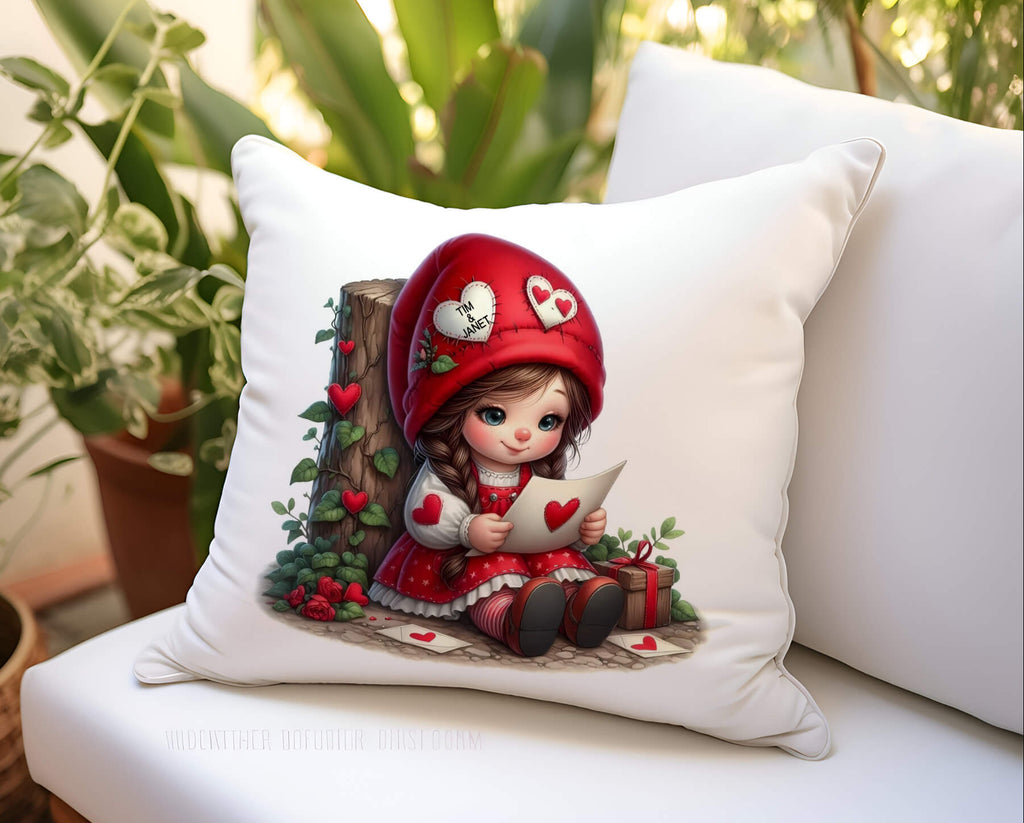 Personalized Valentine's Day pillow featuring a cute gnome girl holding a love letter. Custom name throw pillow, romantic gift for her, wife, or girlfriend. 18x18 white canvas or natural beige with hidden zipper. Machine washable, cozy home decor