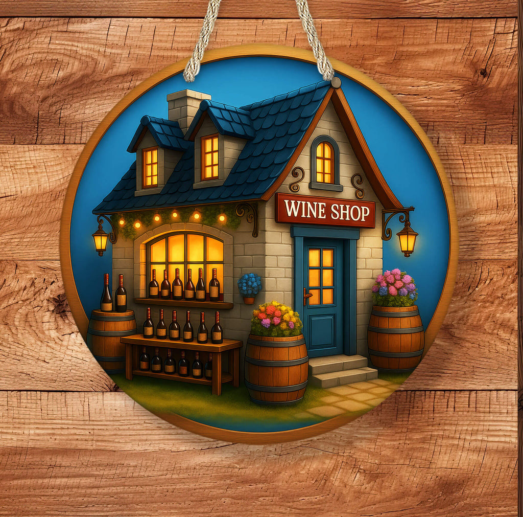 Decorative sign of a wine shop with bottles and barrels on a wooden background