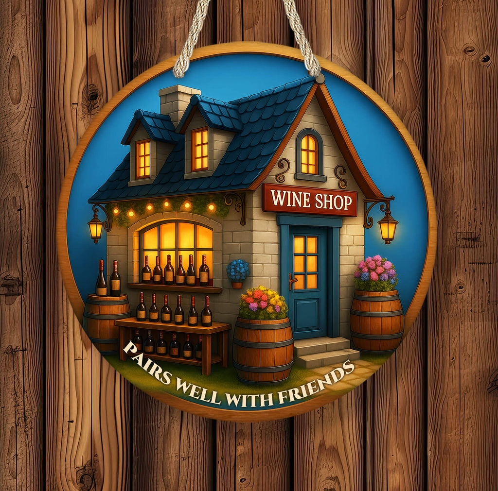 Decorative sign of a wine shop with bottles and flowers on a wooden background