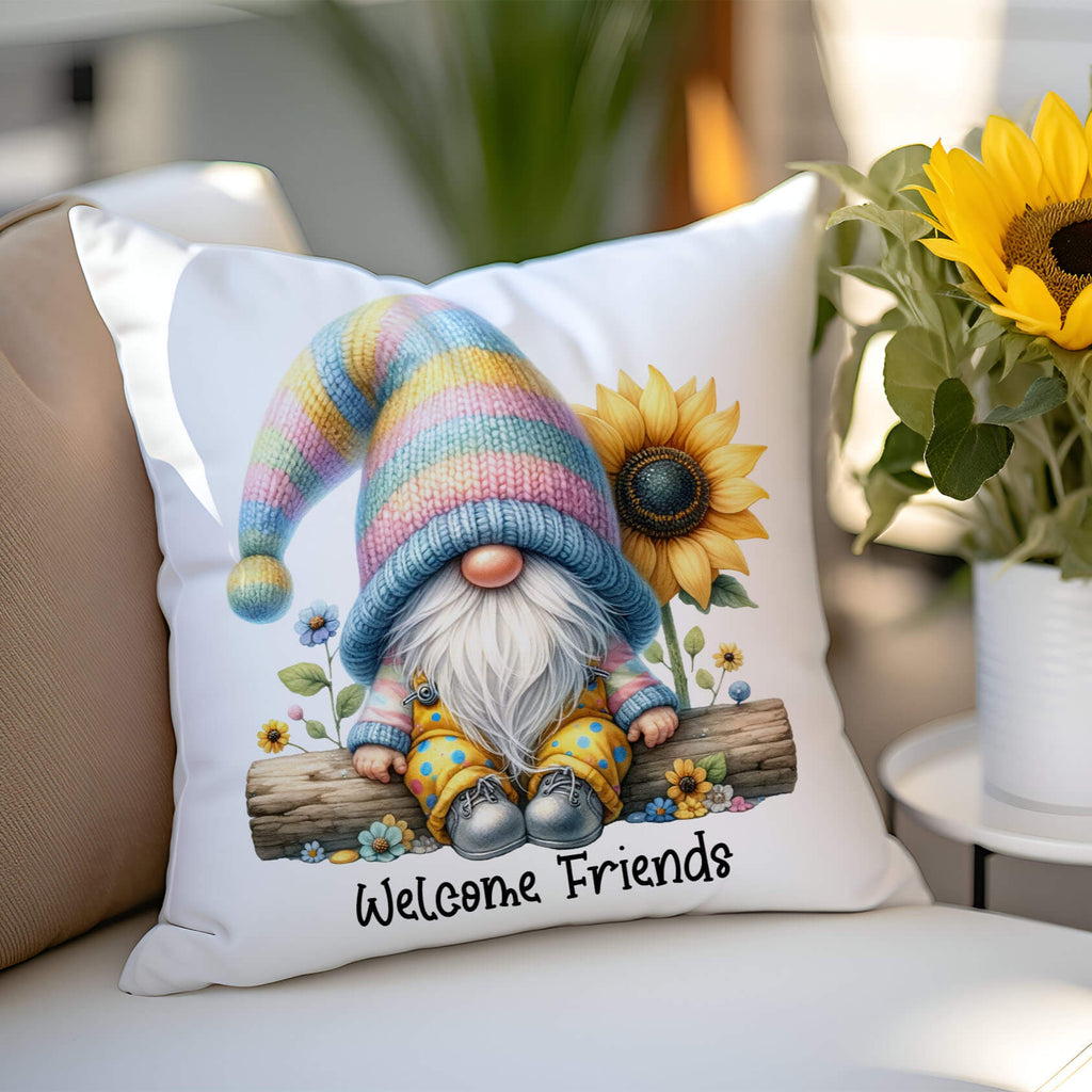 Decorative pillow with a gnome and sunflower design on a couch