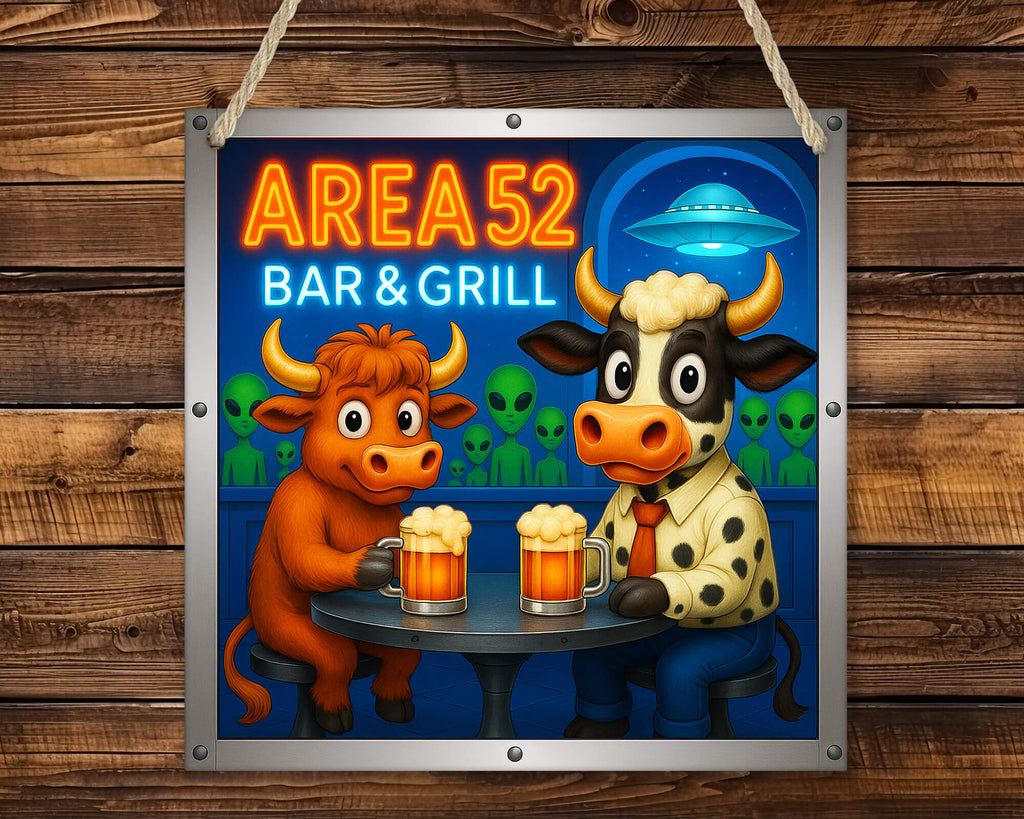 Neon sign for 'Area 52 Bar & Grill' with cartoon cows and aliens on a wooden background
