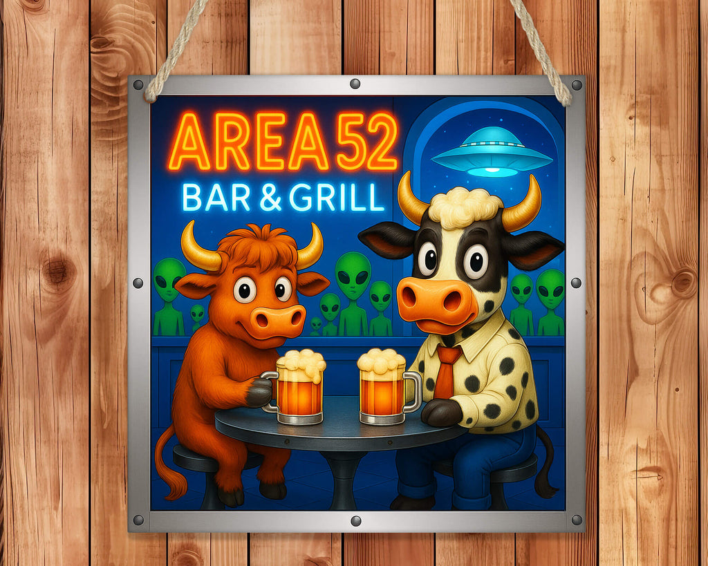 Neon sign for 'Area 52 Bar & Grill' with cartoon cows and aliens on a wooden background