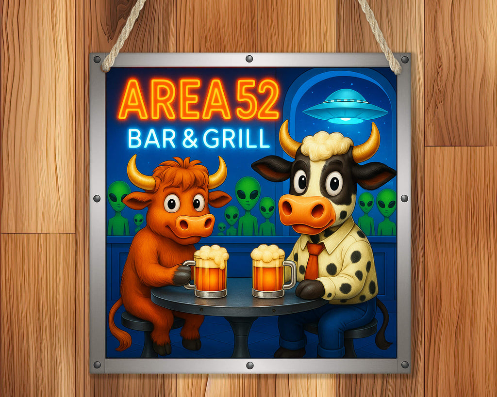 Decorative sign for 'Area 52 Bar & Grill' with cartoon cows and aliens on a wooden background