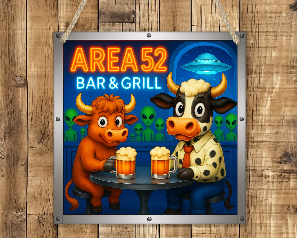 Neon sign for Area 52 Bar & Grill with cartoon bulls and aliens on a wooden background